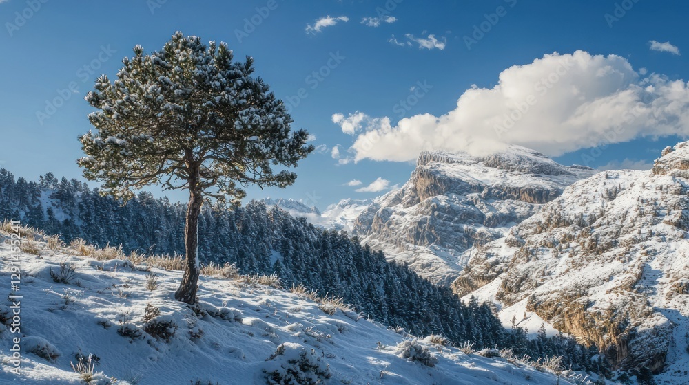 A lone pine tree on a snowy hillside A lone pine tree on a snowy hillside