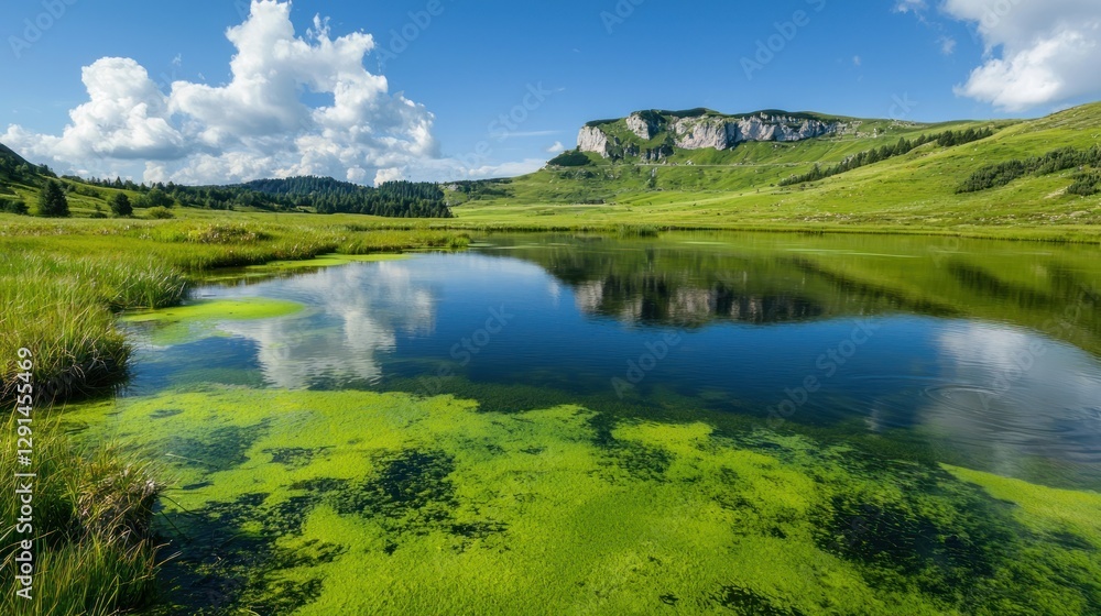 A pond covered with a layer of green algae A pond covered with a layer of green algae