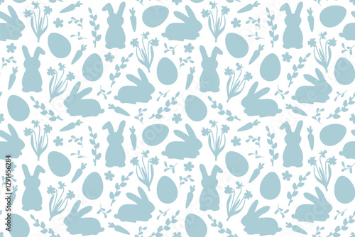 easter, spring seamless pattern with bunnies, easter eggs, daisy flowers, carrots, daffodils and pussy willows; great for wrapping, greeting cards, social media graphics- vector illustration