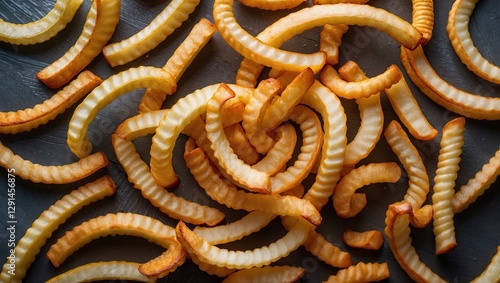 Golden, crispy, curly fries arranged on a dark surface, showcasing a delicious snack presentation photo