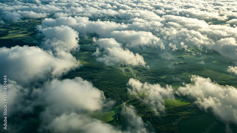 Zoomed view of clouds over green landscape showcasing Earth's atmosphere in midday light, Earth zoom in to clouds layer Zoomed view of clouds over green landscape showcasing Earth's atmosphere in midday light, Earth zoom in to clouds layer