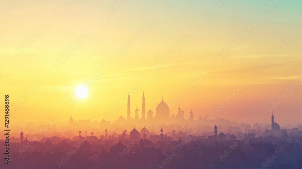 Beautiful sunrise over a city with many mosques and domes Beautiful sunrise over a city with many mosques and domes