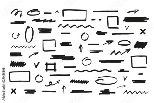 Black marker pen or highlighter lines and shapes vector set, permanent or brush pen strokes, arrows, geometric shapes