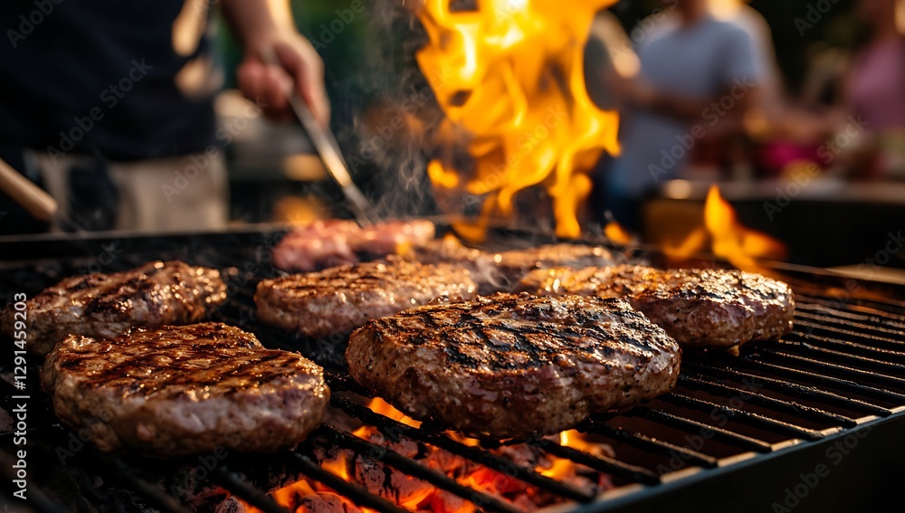 A vibrant summer scene featuring sizzling hamburger steaks and meat grilling over open flames. Friends gather around, enjoying a festive outdoor picnic filled with delicious food and good company. A vibrant summer scene featuring sizzling hamburger steaks and meat grilling over open flames. Friends gather around, enjoying a festive outdoor picnic filled with delicious food and good company.