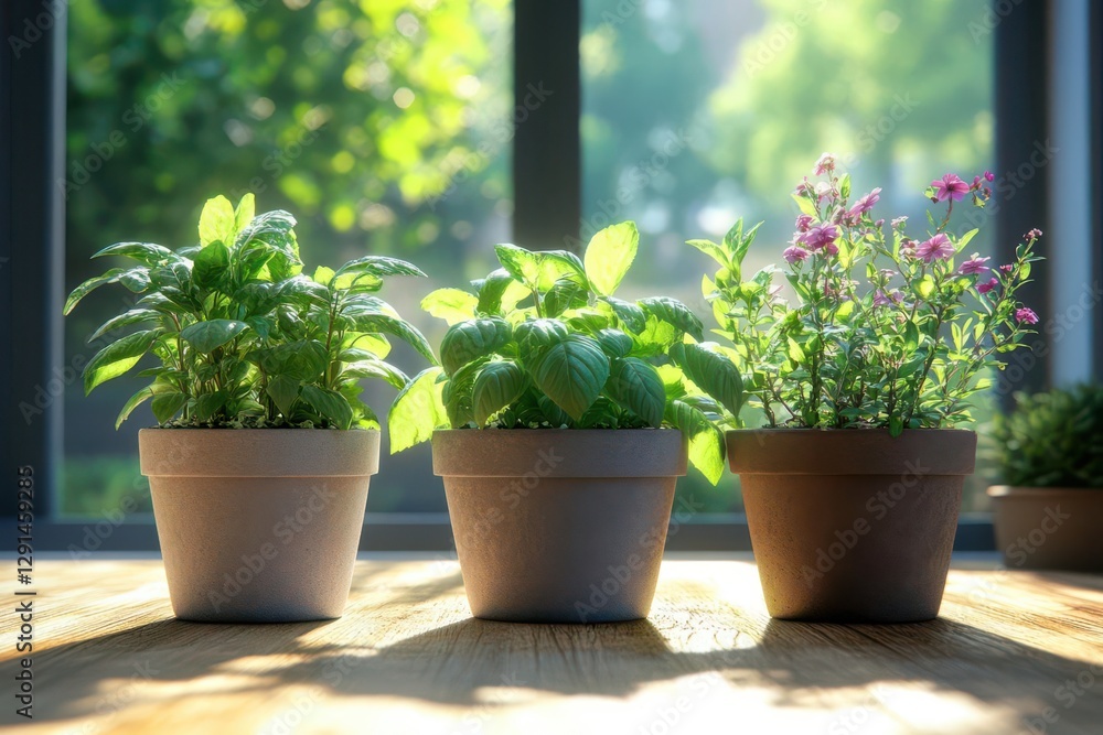 Organic herb garden, pots with fresh basil, mint, and rosemary, 3D illustration Organic herb garden, pots with fresh basil, mint, and rosemary, 3D illustration