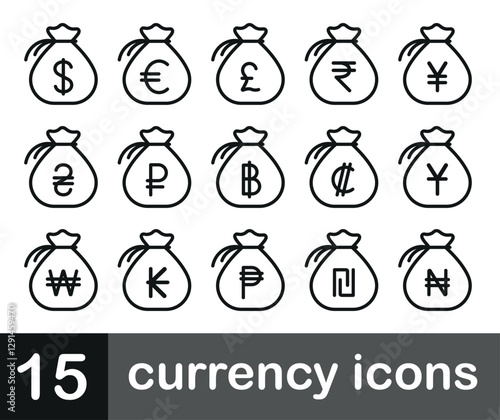 A set of 15 bag icons with currency symbols in a linear style.