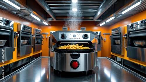 A modern kitchen interior featuring a sleek fryer with golden fries being cooked, illuminated by overhead lights, surrounded by industrial photo