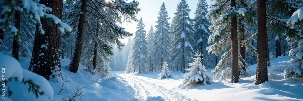 Fototapeta premium Dense pine forest covered in snow, branches bent under weight, pine, snow