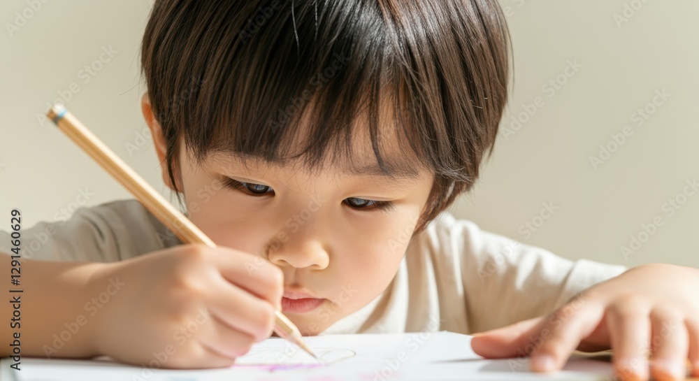 Asian child concentrating on drawing with pencil in bright room Asian child concentrating on drawing with pencil in bright room
