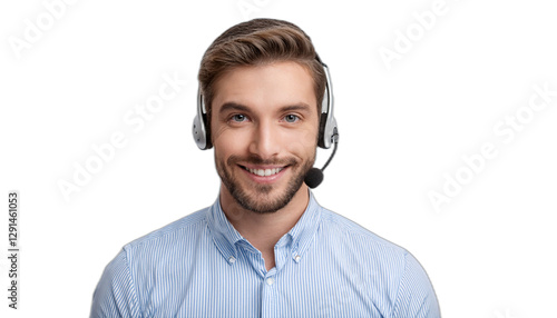 Smiling call center operator with headset looking straight ahead
