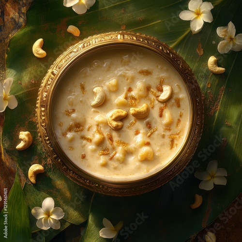 Realistic Kerala semiya payasam in traditional golden bowl with cashews on banana leaf with flowers around it