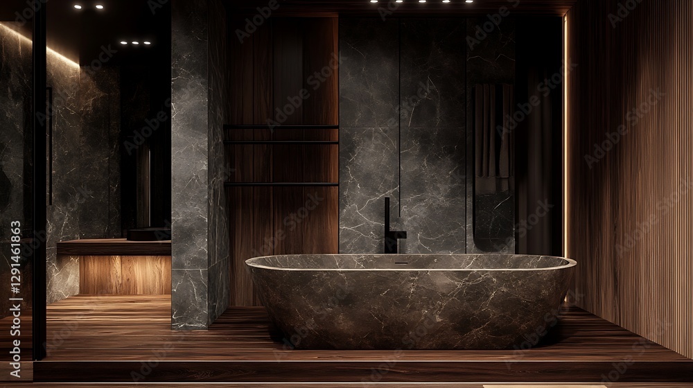 A Luxurious Spa Like Bathroom With Bathtub and Wooden Elements A Luxurious Spa Like Bathroom With Bathtub and Wooden Elements