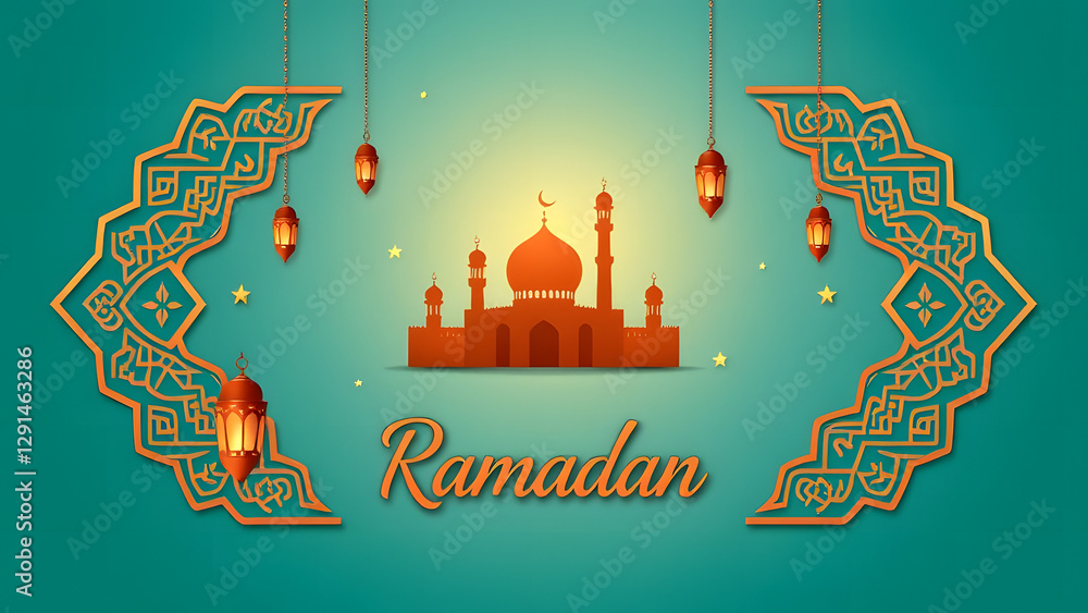 Naklejka premium ramadan greeting card with a decorated lantern, balls, and mosque for a happy holiday celebration