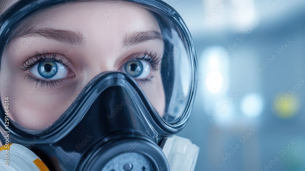 Female Healthcare Worker in PPE Mask with Blue Eyes: Industrial Safety Gear Portrait Female Healthcare Worker in PPE Mask with Blue Eyes: Industrial Safety Gear Portrait