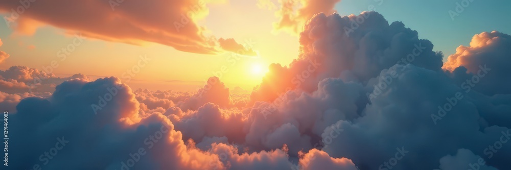 Naklejka premium Immense clouds, radiant sunbeams break through, ethereal glow, majestic, bright, sun rays