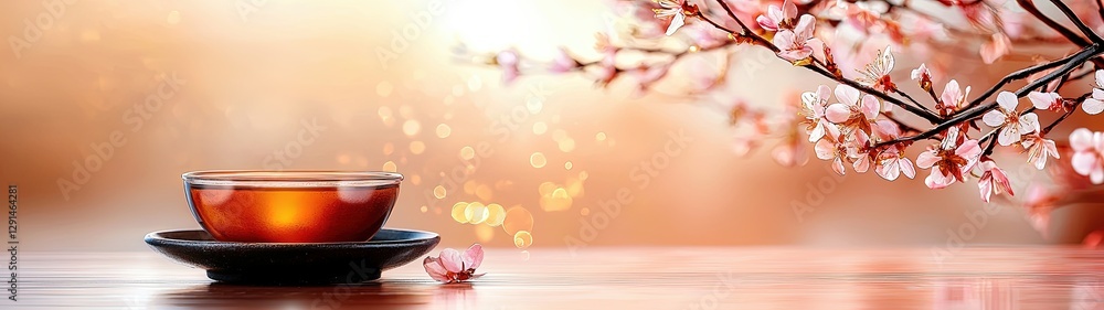 Fototapeta premium Tranquil Scene with Herbal Tea and Blossoms for Holistic Healing and Wellness Environments