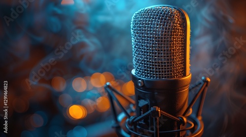 Sleek black vintage microphone with a shiny silver grille mounted on a sturdy stand against a dreamy blue and amber bokeh background with soft smoke