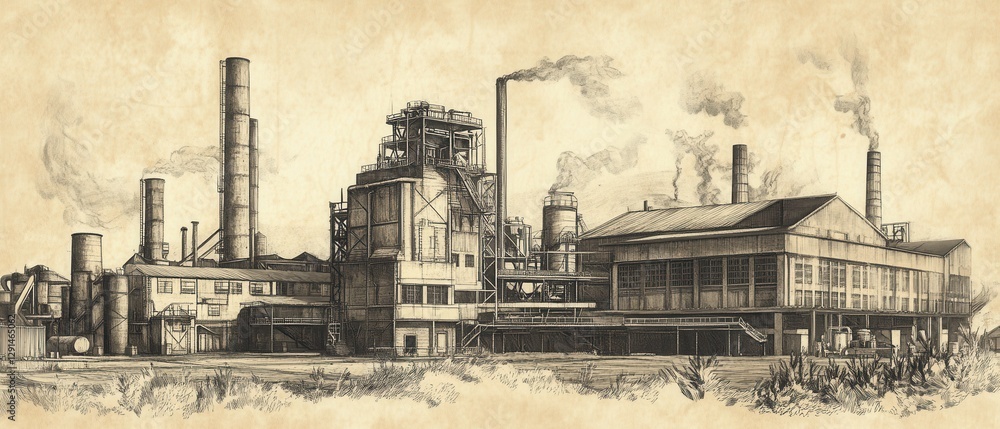 Warehouse structure with smokestack in industrial area under clear sky Warehouse structure with smokestack in industrial area under clear sky