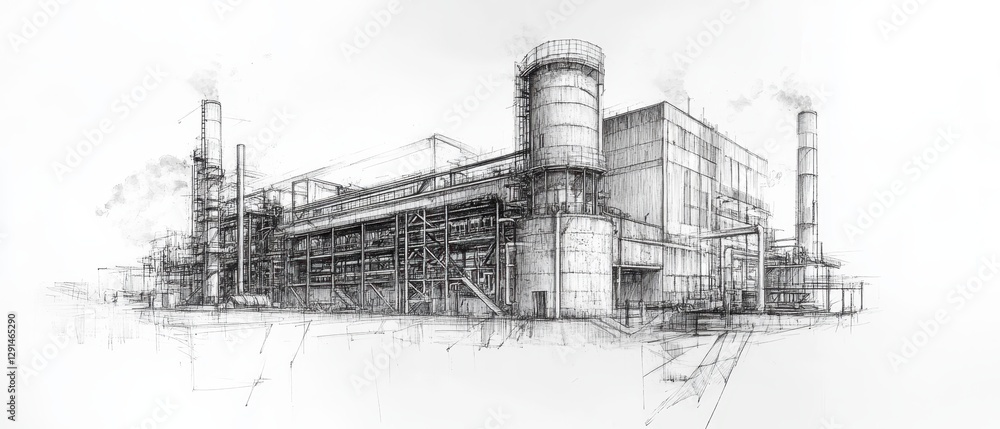 Obraz premium Warehouse structure with smokestack in industrial area under clear sky