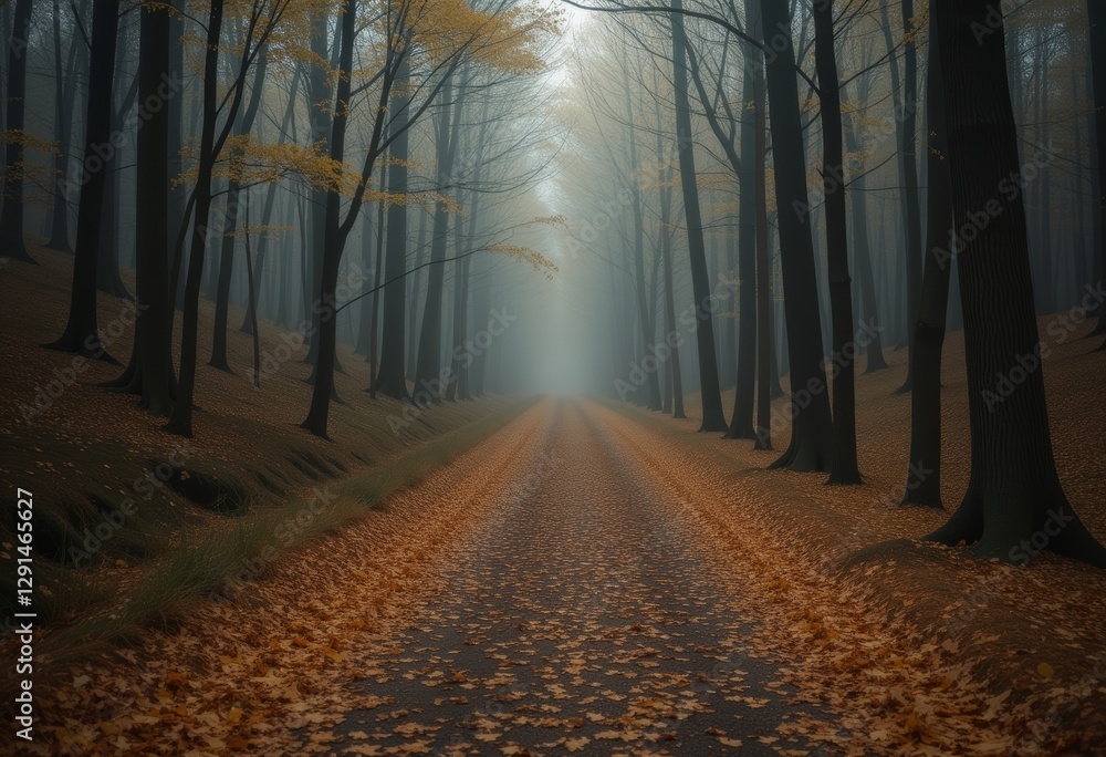 Naklejka premium Sunlit Forest Path with Autumn Leaves and Tall Trees in Mist