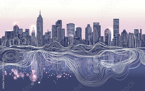 Continuous line drawing a city skyline at dusk, with flowing patterns forming the reflections and lights