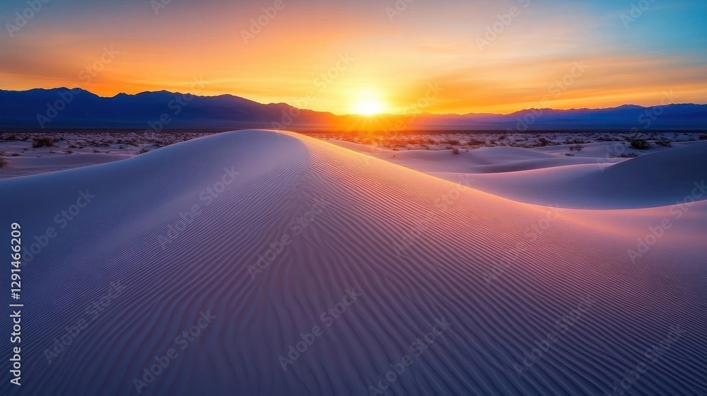 Fototapeta premium Sunset colors illuminate a desert landscape with vast sand dunes