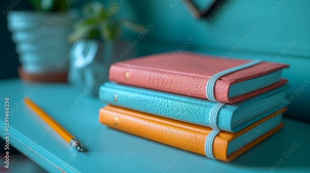 Vibrant stack of colorful leather bound notebooks in pink, teal, and orange with elastic closures neatly arranged on a turquoise desk alongside a pencil and potted plant Vibrant stack of colorful leather bound notebooks in pink, teal, and orange with elastic closures neatly arranged on a turquoise desk alongside a pencil and potted plant