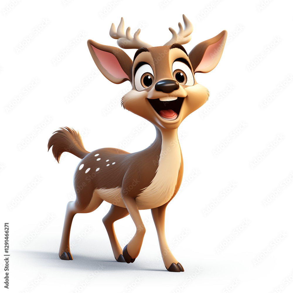 Obraz premium Deer, stag, doe, happy, white background, 3D rendering illustration cartoon. Copyspace, space for text, mascot.