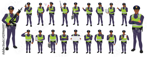 
Police Officer Character Design Model Sheet. Man, Character design. Front, side, back view and explainer animation poses. Character set with lip sync and Walk cycle animation sequences.
