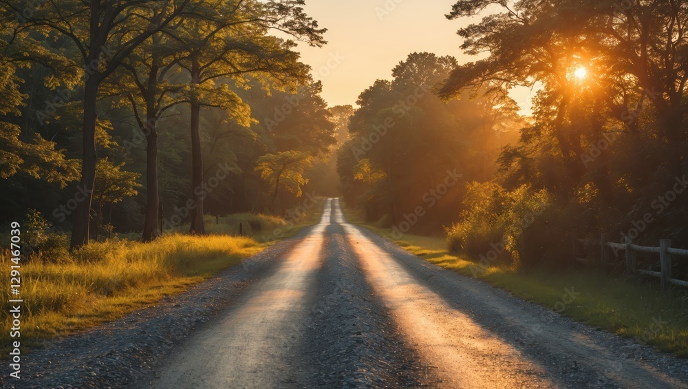 A tranquil dirt road lined with trees, illuminated by warm golden sunlight during early morning hours A tranquil dirt road lined with trees, illuminated by warm golden sunlight during early morning hours