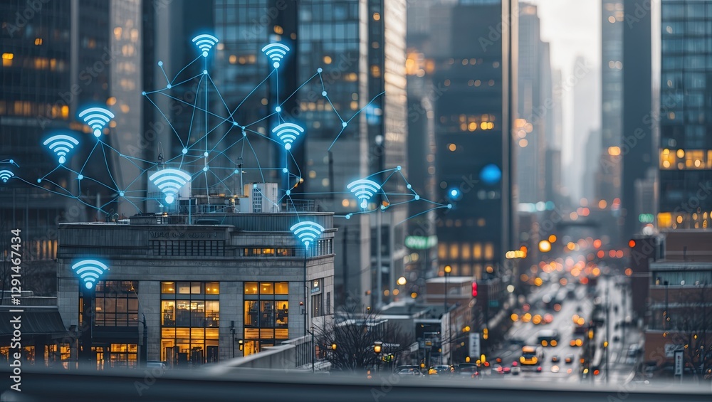 Fototapeta premium Urban skyline with wireless signals represented by icons, showcasing digital connectivity in a city landscape during dusk