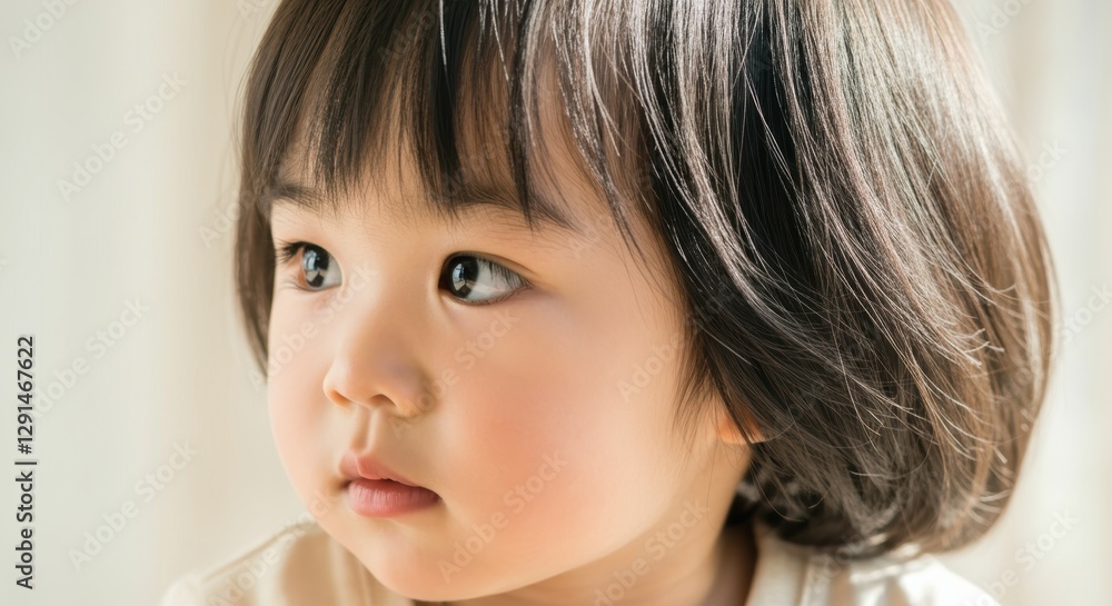 Asian child with thoughtful expression and soft hair in natural light Asian child with thoughtful expression and soft hair in natural light