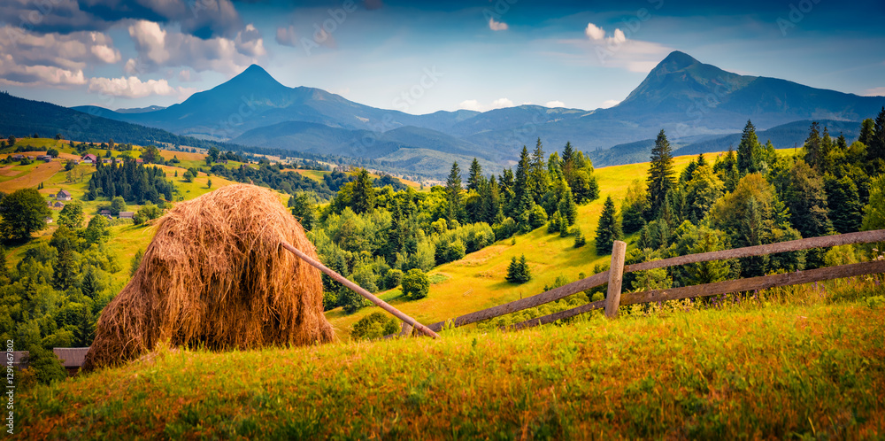 Panoramic summer view of grassland with two highest peaks of Carpathian mountains. Wonderful morning scene of Stebny village, Ukraine. Beauty of countryside concept background.