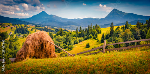 Obraz na płótnie Panoramic summer view of grassland with two highest peaks of Carpathian mountains. Wonderful morning scene of Stebny village, Ukraine. Beauty of countryside concept background. w salonie