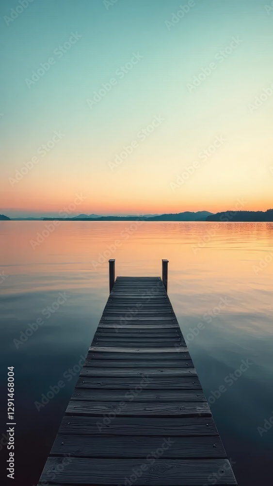 Naklejka premium A small wooden dock juts out into the calm lake waters at dusk, nautical, dock, lake