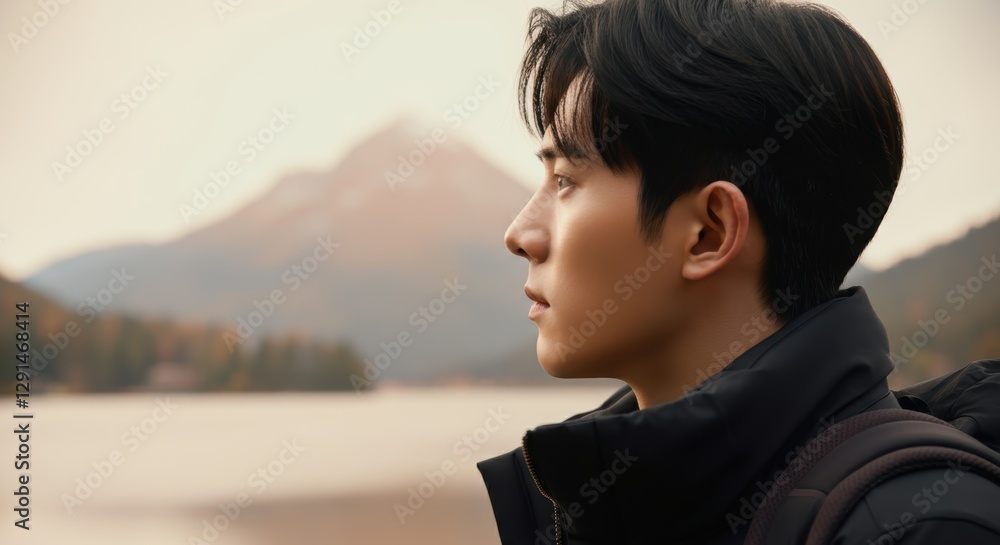 Asian young male observing tranquil mountain landscape by lake at dusk Asian young male observing tranquil mountain landscape by lake at dusk