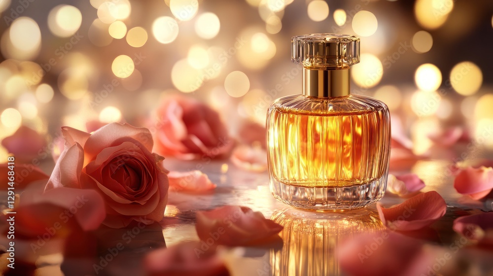 A close-up of a glass bottle of perfume with golden accents, surrounded by rose petals and soft bokeh lights, evoking elegance and luxury A close-up of a glass bottle of perfume with golden accents, surrounded by rose petals and soft bokeh lights, evoking elegance and luxury