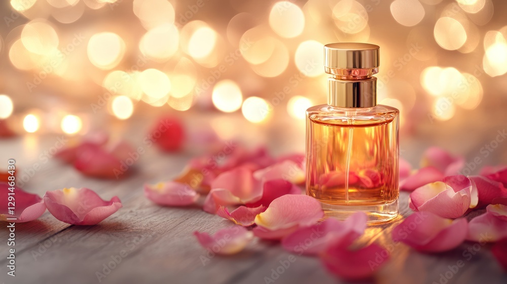 A close-up of a glass bottle of perfume with golden accents, surrounded by rose petals and soft bokeh lights, evoking elegance and luxury A close-up of a glass bottle of perfume with golden accents, surrounded by rose petals and soft bokeh lights, evoking elegance and luxury