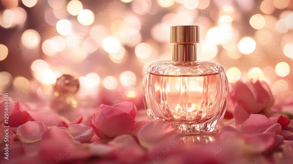 A close-up of a glass bottle of perfume with golden accents, surrounded by rose petals and soft bokeh lights, evoking elegance and luxury A close-up of a glass bottle of perfume with golden accents, surrounded by rose petals and soft bokeh lights, evoking elegance and luxury