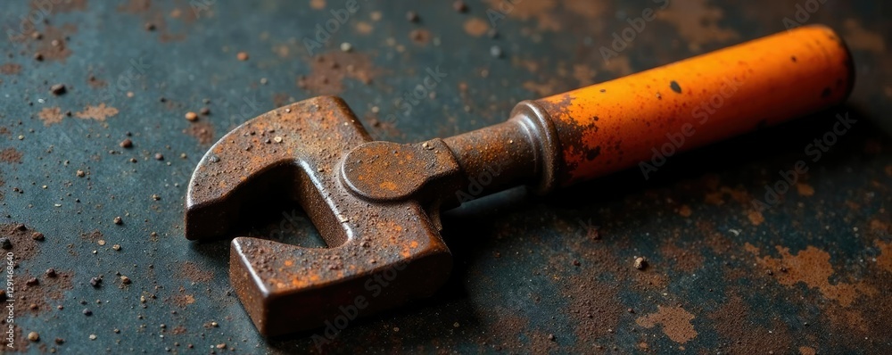 Rusty metal tool with orange-painted handle and worn grip, rusty, texture Rusty metal tool with orange-painted handle and worn grip, rusty, texture