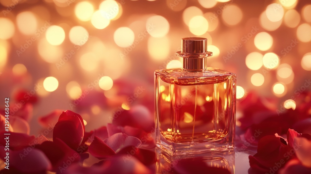 A close-up of a glass bottle of perfume with golden accents, surrounded by rose petals and soft bokeh lights, evoking elegance and luxury A close-up of a glass bottle of perfume with golden accents, surrounded by rose petals and soft bokeh lights, evoking elegance and luxury