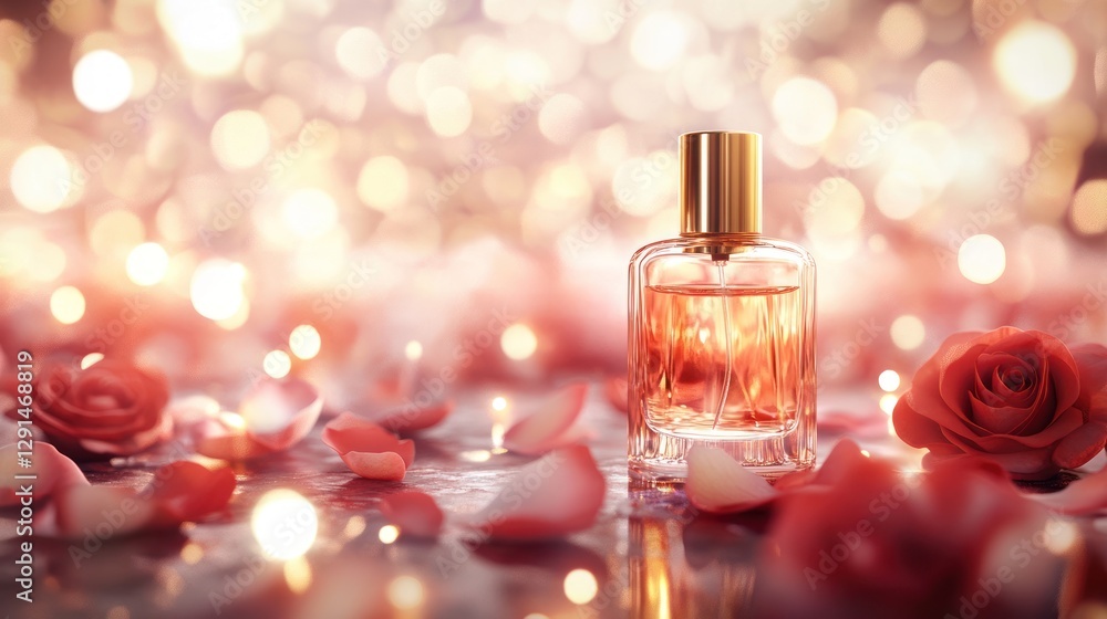 A close-up of a glass bottle of perfume with golden accents, surrounded by rose petals and soft bokeh lights, evoking elegance and luxury A close-up of a glass bottle of perfume with golden accents, surrounded by rose petals and soft bokeh lights, evoking elegance and luxury