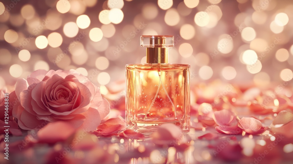 A close-up of a glass bottle of perfume with golden accents, surrounded by rose petals and soft bokeh lights, evoking elegance and luxury A close-up of a glass bottle of perfume with golden accents, surrounded by rose petals and soft bokeh lights, evoking elegance and luxury