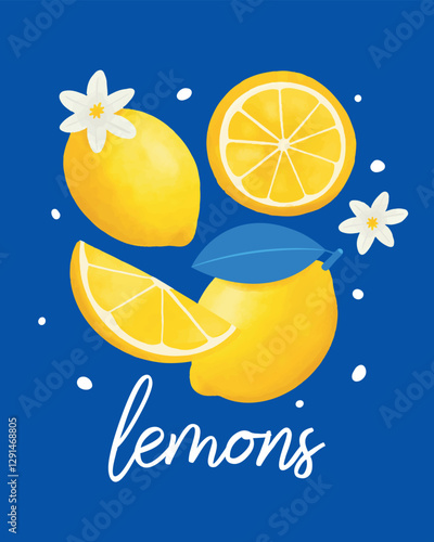 Fresh Lemons Illustration on Blue Background, Vibrant digital illustration of fresh lemons, lemon slices, and white blossoms on a deep blue background, kitchen decor, food packaging, greeting cards