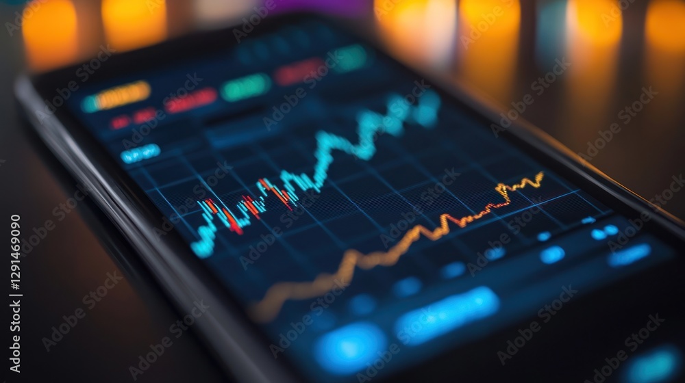 A close-up of a smartphone screen displaying a stock market app with rising graphs and financial data, representing mobile trading and fintech A close-up of a smartphone screen displaying a stock market app with rising graphs and financial data, representing mobile trading and fintech