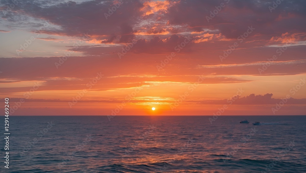 Obraz premium Vibrant sunset over the ocean with colorful clouds and gentle waves
