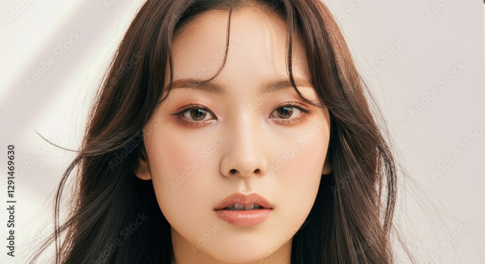 Young asian female with long dark hair and soft makeup posing confidently Young asian female with long dark hair and soft makeup posing confidently