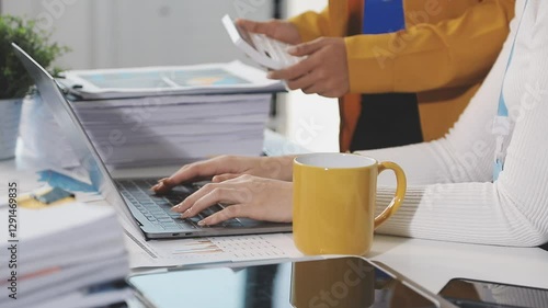 Wallpaper Mural businessmen and women brain storm strategy ideas sharing hand paper document chart analysis teamwork consult organize big data summary together conference Torontodigital.ca