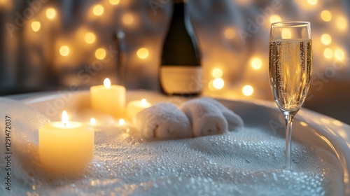 A luxurious bathtub filled with foamy water, surrounded by candles, bath salts, and a glass of champagne, representing a pampering self-care experience