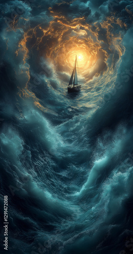 Ship Caught in a Massive Ocean Storm – Surreal Whirlpool of Chaos